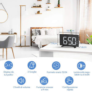YISSVIC Sveglia Digitale da Comodino 6.5 Pollici Schermo LED 2 Suoni Bianco - Ilgrandebazar