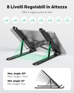 APMIEK Supporto PC Portatile 8 Livelli Regolabile, Laptop Stand Pieghevole Plastica+Alluminio Rialzo PC Portatile Stabile Ventilato Supporto Notebook per MacBook Air/Pro,Dell,HP, 10-15.6 Pollici