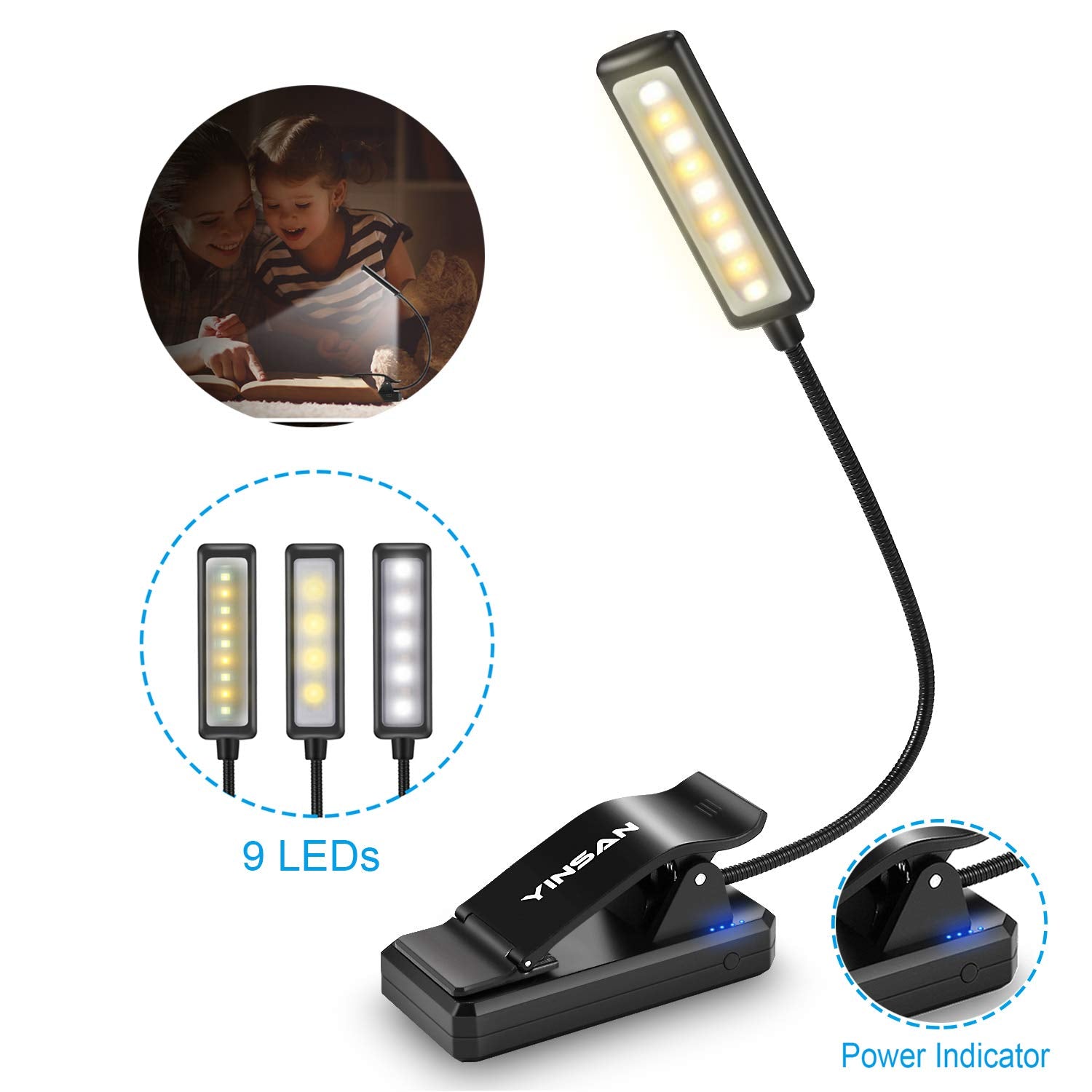 Akynite 3W Lampada da Lettura Ricaricabile USB con Pinza, Carica di Tipo C, 5 Colore e 5 Intensità, Luce Scrivania Pinza Flessibile, Portatile Lampada Camera da Letto senza Fili, Nero