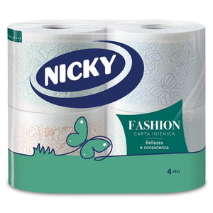 Nicky Fashion - 4 Rotoli di Carta Igienica, 165 Soffici Fogli a 4 Veli, 3 Diverse Texture e Colori, Delicato Profumo di Talco, Carta 100% Certificata FSC®