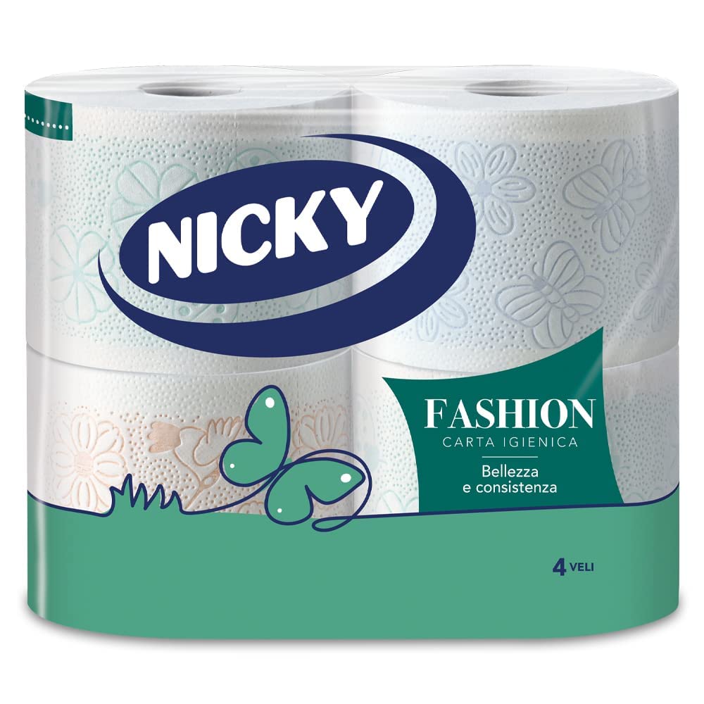 Nicky Fashion - 4 Rotoli di Carta Igienica, 165 Soffici Fogli a 4 Veli, 3 Diverse Texture e Colori, Delicato Profumo di Talco, Carta 100% Certificata FSC®