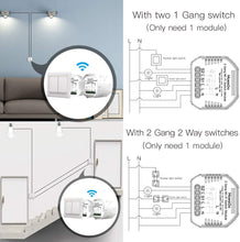 Carica l'immagine nel visualizzatore di Gallery, MoesGo Mini 2 Gang Modulo WiFi fai da te per interruttori luce, controllo remoto tramite app Smart Life/Tuya, compatibile con Alexa Echo e Google Home,1/2 Way