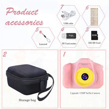 Carica l'immagine nel visualizzatore di Gallery, YunLone Macchina Fotografica per Bambini 12MP Selfie Fotocamera Bambine con Scheda 32GB, Custodia, Batteria 1200mAh, Lettore Musicale, Regalo Compleanno per Bambina