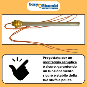 Easyricambi - Candeletta Accensione Stufa Pellet 280W, Diametro 9,9mm e Lunghezza 140mm (150mm Totali) Filettatura 3/8" Gas, Resistenza per Riscaldamento Rapido, Ricambio per Modelli Adler, Piazzetta