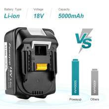 Carica l&#39;immagine nel visualizzatore di Gallery, Powayup BL1850B Sostituzione per Makita Batteria 18V 5.0Ah BL1850 5.0Ah, Nero