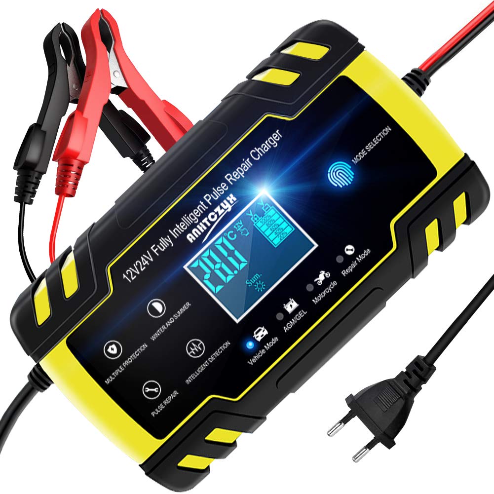 NWOUIIAY Caricabatteria Auto di Carica 24V 8A 12V 4A 24*13*6.5, Giallo e nero - Ilgrandebazar