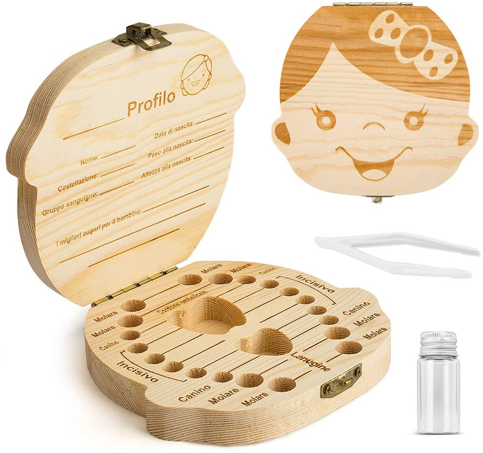 Denti salva box per bambini e bambina (italiano), Scatola Porta Dentini da Latte,Bambini in legno ricordo regalo, Accumulazione dei denti (Ragazza)