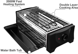 HengBO Griglia Elettrica BBQ Senza Fumo, Barbecue da Tavolo Piastra Grill Elettrico Doppio Strato con Vassoio Raccogli Olio per Party Riunione di Famiglia in Balcone e Giardino per 6 Persone - 2000W