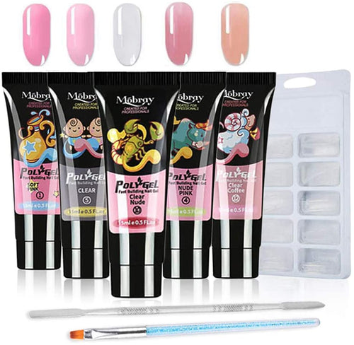 Anself 5 *15ml Poly Gel Unghie kit + 100 pezzi Unghie Finte Strumenti Rapida Asciugatura con Pennelli e Penna a Doppia Testa per Nail Art
