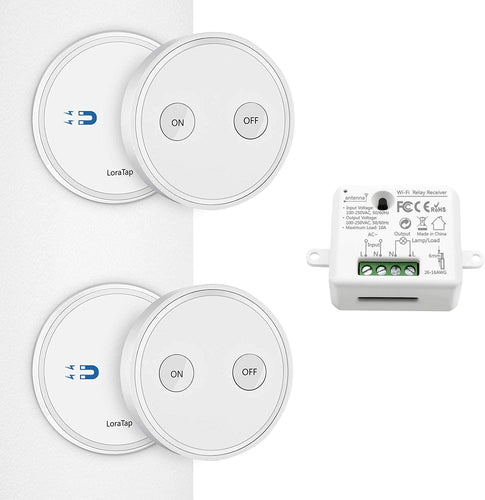 Paio Interruttore per Luce Senza Fili, LoraTap 2pz Interruttori Remoto con Base Magnetica + 1 Ricevitore a Relè, Telecomando 200m 230V, On/Off Switch Wireless per Lampade e Apparecchi Elettrici