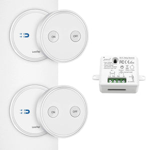 Paio Interruttore per Luce Senza Fili, LoraTap 2pz Interruttori Remoto con Base Magnetica + 1 Ricevitore a Relè, Telecomando 200m 230V, On/Off Switch Wireless per Lampade e Apparecchi Elettrici