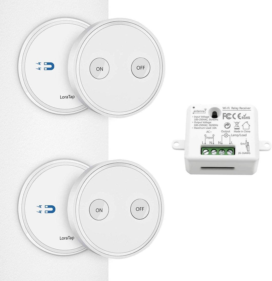 Paio Interruttore per Luce Senza Fili, LoraTap 2pz Interruttori Remoto con Base Magnetica + 1 Ricevitore a Relè, Telecomando 200m 230V, On/Off Switch Wireless per Lampade e Apparecchi Elettrici