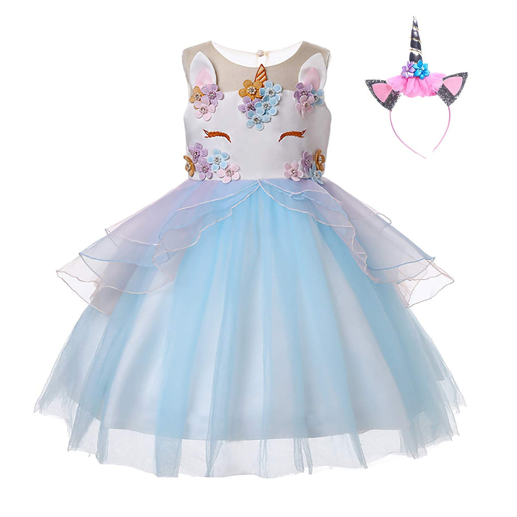 UrbanDesign Vestito Principessa Unicorno Bambina, per Ragazze (3-4 Anni, Blu) - Ilgrandebazar