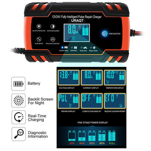 URAQT Caricabatteria Auto, 12V/24V 8A Multi Protezioni Caricatore Rosso - Ilgrandebazar