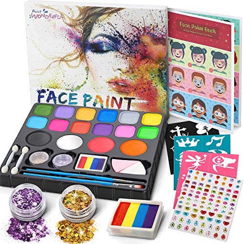 Jojoin Colori Trucco Viso Bambini, 16 Colori Body Painting Tavolozza con 4 Grandi Colori di Base, Split Cake Face Paint, 94 Gemma, Non Tossico - Base d'acqua - Kit Trucco Carnevale di Halloween