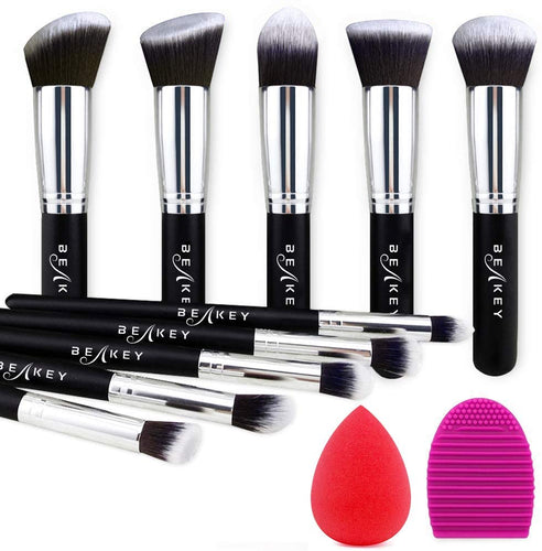 Pennelli Make Up BEAKEY Premium synthetic pennelli trucco fondazione cipria fard, ombretto, Set di pennelli make up, kit con spugnetta e Brush Egg (10 + 2 pezzi, nero/argento)