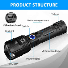 Carica l'immagine nel visualizzatore di Gallery, Kit torcia tattica ricaricabile,3000 lumen Super Bright XHP90 LED 5 modalità Zoomable,Impermeabile Potente per caccia di emergenza Escursionismo in campeggio (26650 Batteria e caricabatterie inclusi)