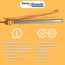 Carica l'immagine nel visualizzatore di Gallery, Easyricambi - Candeletta Accensione Stufa Pellet 280W, Diametro 9,9mm e Lunghezza 140mm (150mm Totali) Filettatura 3/8" Gas, Resistenza per Riscaldamento Rapido, Ricambio per Modelli Adler, Piazzetta