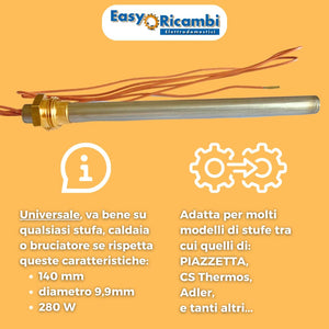 Easyricambi - Candeletta Accensione Stufa Pellet 280W, Diametro 9,9mm e Lunghezza 140mm (150mm Totali) Filettatura 3/8" Gas, Resistenza per Riscaldamento Rapido, Ricambio per Modelli Adler, Piazzetta