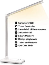 Carica l'immagine nel visualizzatore di Gallery, Lampada da scrivania a LED, lampada da tavolo protezione degli occhi, dimmerabile, touch Control,con10 livelli di luminosità 5 modalità di illuminazione, porta di ricarica USB