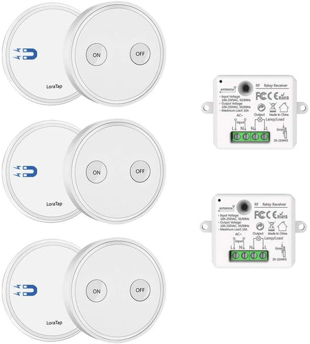 Paio Interruttore per Luce Senza Fili, LoraTap 3pz Interruttori Remoto con 2 Ricevitori a Relè 2500W, Telecomando 200m 230V, On/Off Wireless Switch per Lampade e Apparecchi Elettrici