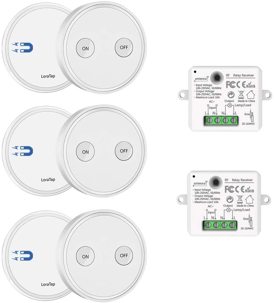 Paio Interruttore per Luce Senza Fili, LoraTap 3pz Interruttori Remoto con 2 Ricevitori a Relè 2500W, Telecomando 200m 230V, On/Off Wireless Switch per Lampade e Apparecchi Elettrici