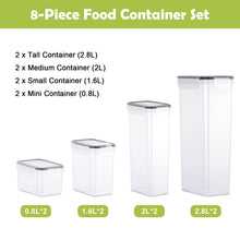 Carica l'immagine nel visualizzatore di Gallery, Contenitori Alimentari per Cereali Set 8 Pezzi, Cucina Contenitori Ermetici per Alimenti Plastica con Coperchio 2.8L/2L/1.6L/0.8L Barattoli per la Conservazione di Pasta, Cereali, Muesli-Senza BPA