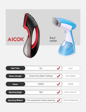 Carica l'immagine nel visualizzatore di Gallery, AICOK Ferro da Stiro Verticale, Ferro da Stiro a Vapore, 1500W, Riscaldamento Rapido in 15 Secondi, Rimuovere Le Pieghe e la Sterilizzazione dei Vestiti, Perfetto per La Casa e per Il Viaggio