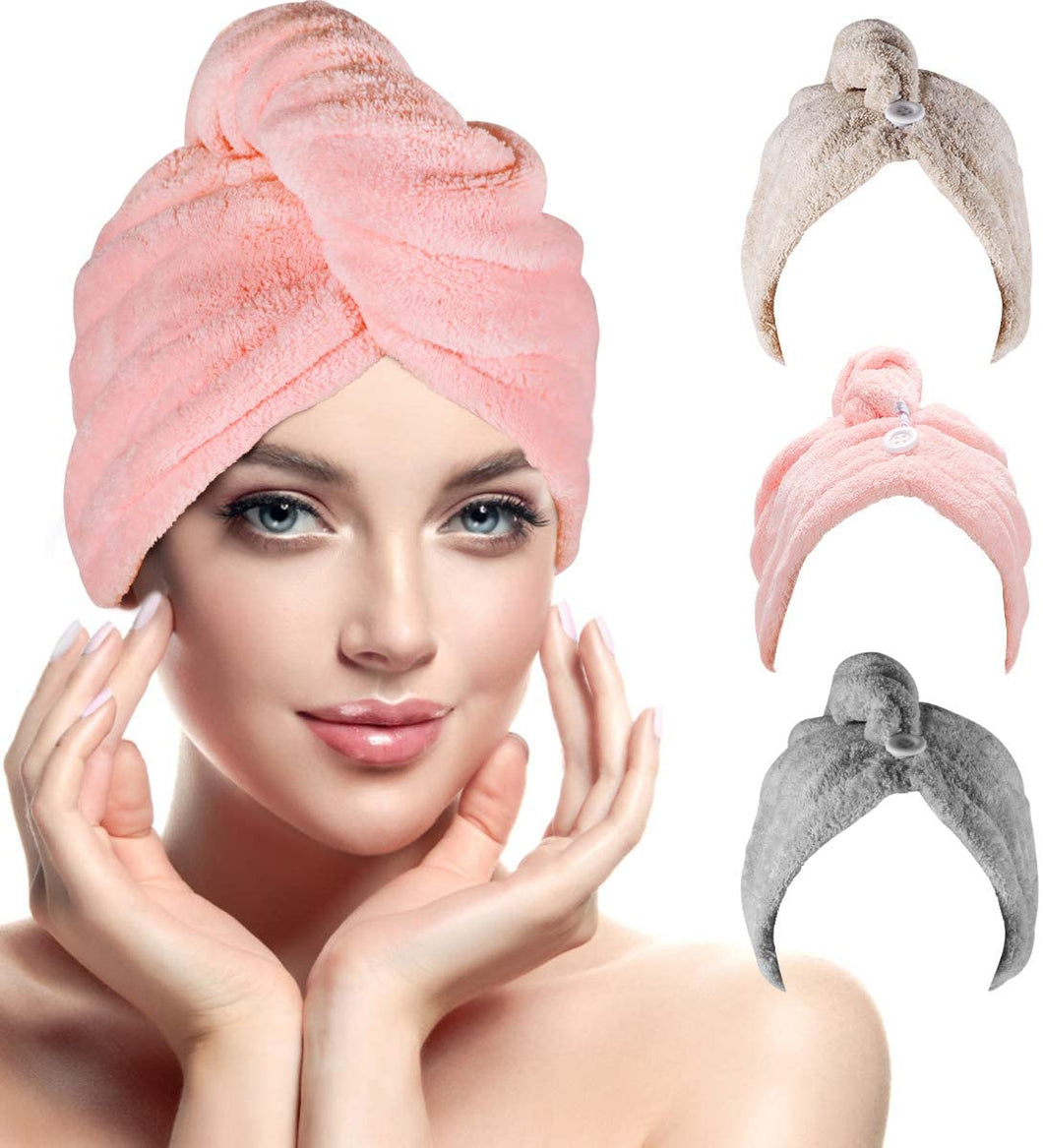 Asciugamano Capelli a Turbante, Capelli asciutti Asciugamani in Microfibra Asciugacapelli Rapida, Asciugatura Rapida Assorbimento Acqua Asciugatura Capelli Cottone Femmina Cuffia Doccia ( lot de 3)