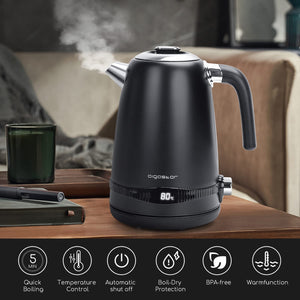 Aigostar Loki - Bollitore Elettrico Temperatura Regolabile 40-100 ℃, Bollitore in Acciaio Inox con Display Digitale LED, 1,7 Litri 2200W, Funzione di Mantenimento Caldo, Senza BPA, Nero