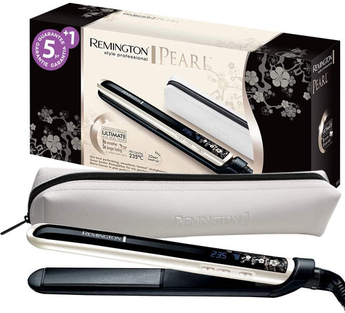 Remington S9500 Piastra Lisciante Pearl Rivestimento in Ceramica, Display Digitale con Temperatura da 150 a 235°, Piastre da 110 mm, Voltaggio Universale, Cavo 3m, 48 W, Bianco/Nero