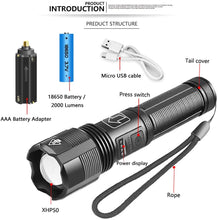 Carica l&#39;immagine nel visualizzatore di Gallery, XHP50 - Torcia LED super luminosa, 2000 lumen, ricaricabile con USB, IPX4, impermeabile, 5 modalità di luce, torcia con zoom per campeggio all&#39;aria aperta in bicicletta, con batteria 18650
