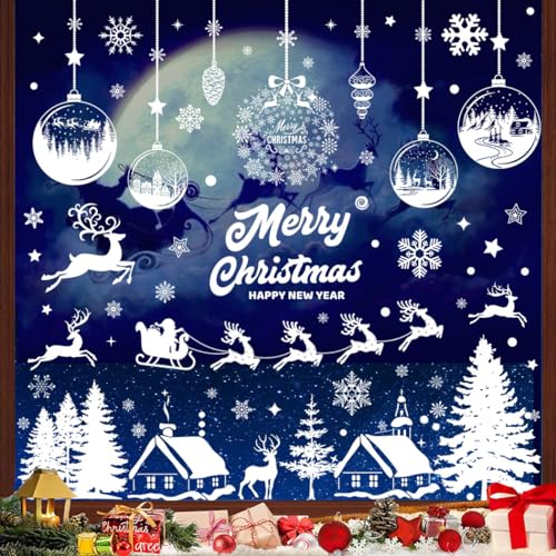 Aonveki Vetrofanie Natalizie per Finestre, 11 Fogli Adesivi Natalizi per Finestre, Natale Vetrofanie Addobbi Natale Adesivi Rimovibile, Vetrofanie Fiocchi di Neve e Alci per Decorazioni Natalizie