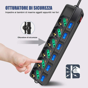 Extrastar Multipresa ciabatta elettrica 6 Posti 10/16A Bipasso Schuko 250V Max:2500W con interruttori indipendenti 1,5MT(Nero)