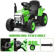 Carica l'immagine nel visualizzatore di Gallery, Mondial Toys Trattore Elettrico 12V 7AH CAVALCABILE per Bambini con RIMORCHIO Telecomando Verde