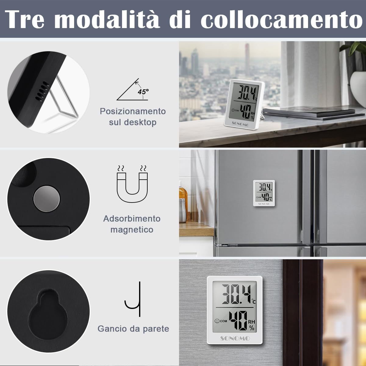 Igrometro Termometro Digitale Sonomo 3 Pezzi - Misuratore Umidità E Temperatura Per Interni - Foto 11