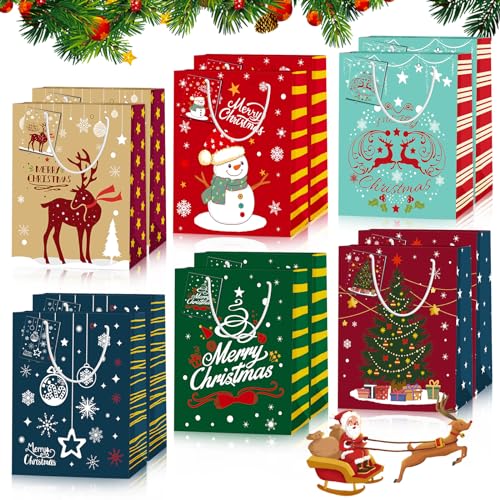 ZLPBAO 12 pz Sacchetti Regalo di Natale, Grandi Bustine Regalo con Manico per Dolcetti Caramelle Confetti Doni e Regali di Natale, Sacchetti Natalizi Sacchetti Regalo Carta Natale per Regali