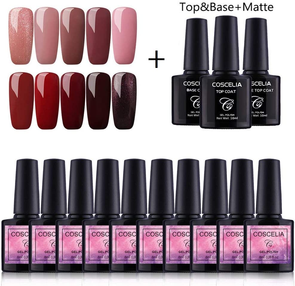 Coscelia kit 10pc semipermanenti per unghie il Top coat il Base coat e il Matt Top coat Smalto per Unghie gel semipermanente gel ricostruzione unghie