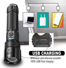 Carica l'immagine nel visualizzatore di Gallery, Kit torcia tattica ricaricabile,LED super luminoso da 2000 lumen 5 modalità Zoomable, Impermeabile Potente per caccia di emergenza Escursionismo in campeggio(18650 Batteria e caricabatterie inclusi)