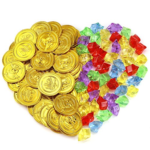 Pllieay 50 Pezzi Monete di Oro del Pirata Plastica e 50 Gemme Pirati... - Ilgrandebazar