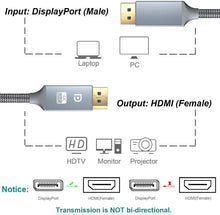 Carica l'immagine nel visualizzatore di Gallery, Snowkids Cavo DisplayPort a HDMI 1.4-1,8m 4K Ultra HD Maschio Adattatore Display Port a HDMI-Nylon Intrecciato Non bidirezionale DP to HDMI Ports Cavo Supporto dell, Lenovo,HP (Grigio-1.8M)