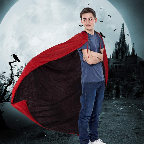 Kbnian Mantello con Cappuccio Mantello Reversibile Costume Travestimento Trucco Vampiro Mantello Cappuccio Nero Rosso per Bambini o Aulti Halloween Dracula Cosplay (120cm / 47
