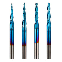 Carica l'immagine nel visualizzatore di Gallery, Genmitsu 4 fresa a punta conica a sfera a 2 taglienti in carburo di tungsteno solido con Nano Blue Coat, R0,25-1,0, gambo da 1/8", TB04-W01