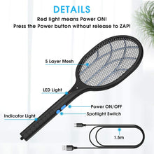 Carica l'immagine nel visualizzatore di Gallery, Racchetta Zanzare Elettrica Ricaricabile 2 in 1, 3800V Swatter Insetti Elettrico 5 Strati Protezione Maglia, 3 LED Trappola per Zanzare, con Manico Staccabile per Uso Esterno Interno Nero