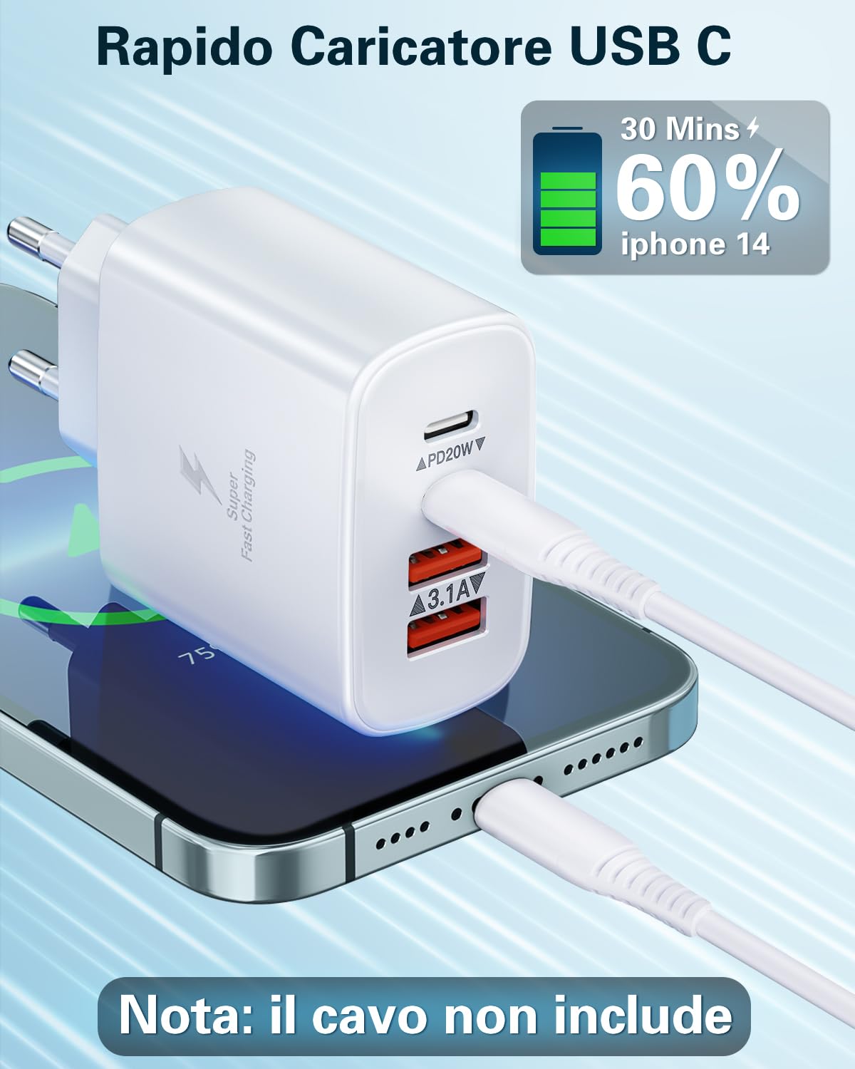 Caricatore USB C 30W, GOLDNEXT 2-Porte PD+QC 3.0 Caricabatterie Alimentatore (PPS 25W), Presa Tipo C Spina Ricarica Rapida per Google Pixel 8/7/7 Pro/7A, iPhone 15 Pro Max/14/13, Galaxy S23, iPad Pro Caricatore USB C 30W, GOLDNEXT 2-Porte PD+QC 3.0 Caricabatterie Alimentatore (PPS 25W), Presa Tipo C Spina Ricarica Rapida per Google Pixel 8/7/7 Pro/7A, iPhone 15 Pro Max/14/13, Galaxy S23, iPad Pro