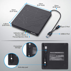 SAWAKE Masterizzatore DVD CD Externo， USB 3.0 & Type C Dual Port Unità Ligne