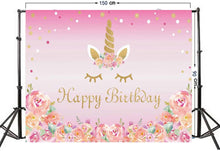 Carica l'immagine nel visualizzatore di Gallery, LUOEM Unicorno a tema Photo Background Unicorno Birthday Party Photo Background per bambini Baby Kids Girls Toddles Sfondo Baby Shower Festa di compleanno Fiori Sfondo pavimento 90x150cm