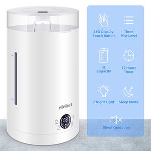 Umidificatore Ambienti ad Ultrasuoni Capacità 3L Display LED 7 Led Bianco - Ilgrandebazar
