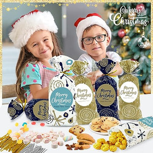 Sacchetti Biscotti Natale 120pcs, Buste Alimentari per Biscotti Natalizi, Plastica Sacchetto Regalo Sacchettini Natalizio con Cravatte, Bustine Alimenti Cellophane Piccole per Regali Caramelle Dolci
