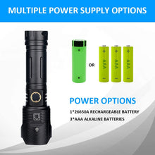 Carica l'immagine nel visualizzatore di Gallery, Kit torcia tattica ricaricabile,3000 lumen Super Bright XHP90 LED 5 modalità Zoomable,Impermeabile Potente per caccia di emergenza Escursionismo in campeggio (26650 Batteria e caricabatterie inclusi)